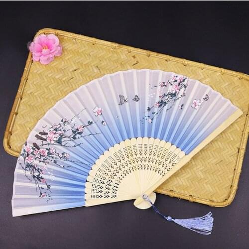 Hand Fold Fan Bamboo Wood Flower Japanese Chinese Artificial Pink Pai Weddding Girl Man Dance Decorate Home
