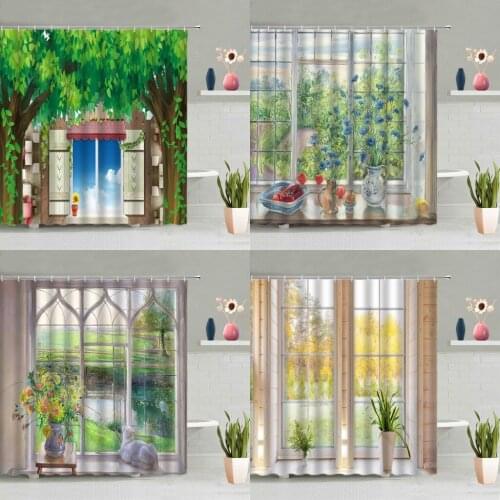 Natural Scenery Shower Curtain Sets Oil Painting Landscape Flowers Green Plants Cute Animals Cat Bathtub Decor Screen Washable