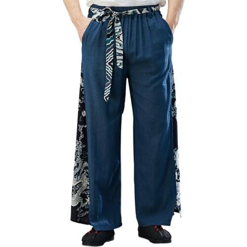 Chinese Harem Pants Men Dragon Oriental Wide-leg Retro Cotton Linen Cargo Loose Baggy Pants Lace-up Kung Fu Trousers