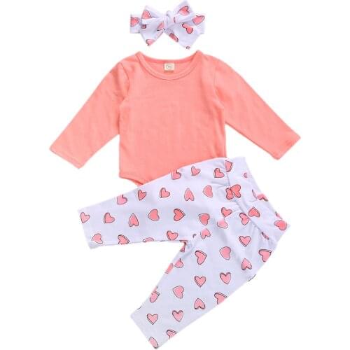 Newborn Baby Girls Toddler Long Sleeve Romper + Love Printed Trousers + Bow Headband Spring Autumn Clothing Set 0-18M