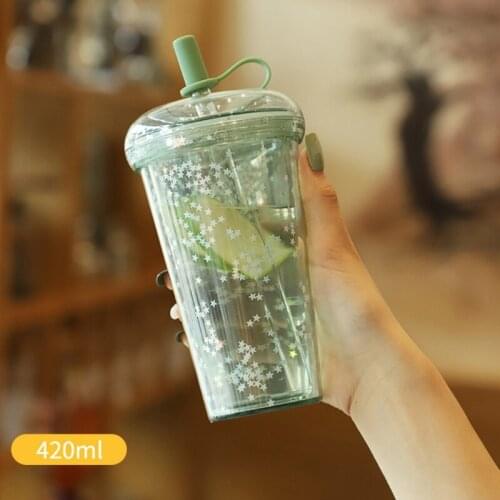 420ml Reusable Sparkling Glitter Cup with Lid Straw Transparent Sequins Water Bottle Cute Plastic Double Layer Drink Mug