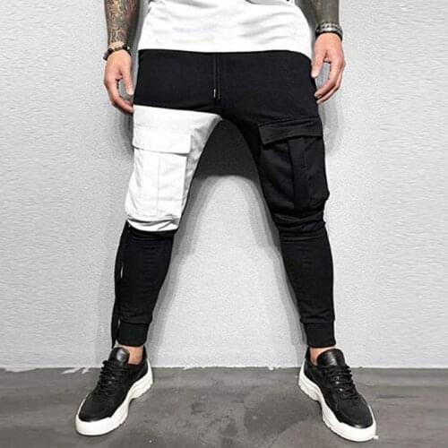 QNPQYX mens streetwear pants autumn men stitching long pants slim hip hop pants causal full length pants fashion pocket design
