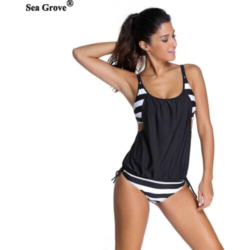 2018 new swimwear women bikini Womens Stripes Lined Up Loose elasticity Double Up Tankini Top Sets Swimwear big size S-XXXL