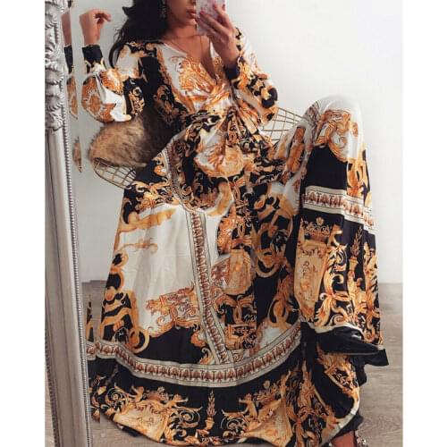 New Baroque Women Long Sleeve Dress Boho Floral Baggy Casual Maxi Dress Sundress Party Dress