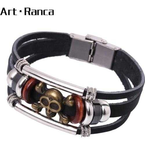 New fashionable Beaded skull three-layer fashionable cowhide Bracelet mens and womens Bracelets