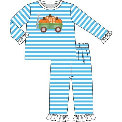 2021 Autumn Style Baby Girl Suit Pumpkin And Car Embroidery Blue And White Striped Long-Sleeved Trousers ChildrenS Clothing