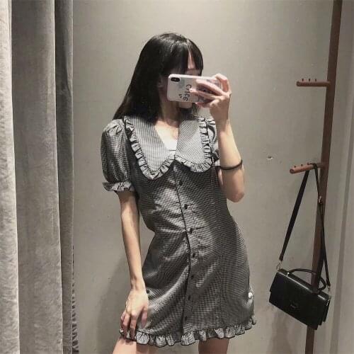 Plaid Mini Dress 2021 Summer Womens New Retro Doll Collar Puff Sleeves Waist Slimming Lotus Leaf Trim