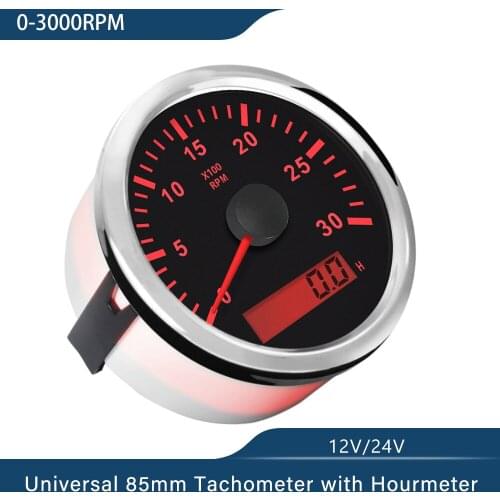 Waterproof 85mm Generator Tachometer RPM REV Counter 0-3000RPM with LED Hourmeter 12V/24V with Red Backlight