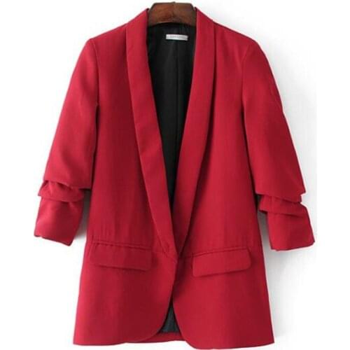 Boyfriend Candy Solid Color Ruched Cuff Mid Long Blazer 2018 Autumn Woman Shawl Collar Loose Suit Casual Jacket Coat