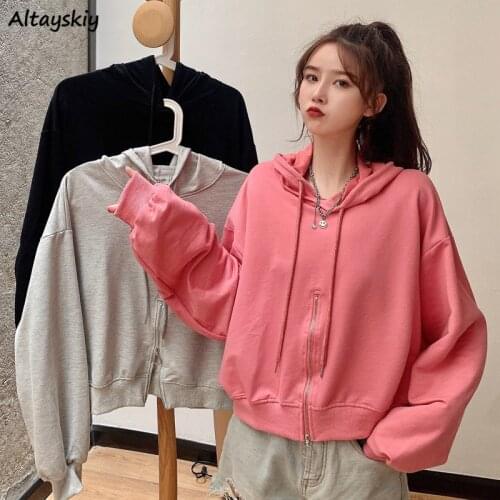 Hoodies Womens Autumn Leisure Hooded Zipper Bottom Long Sleeve Pullovers Pure Color Streetwear Stylish Female All-match Chic Hot