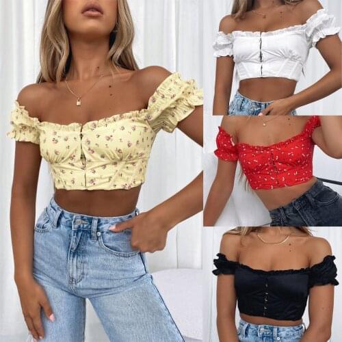 Womens Off Shoulder Crop Tops Sexy Short Sleeve Central Single-Row Clasp Frill T-Shirt Pullover Jumper tops Shirt Beach Tanks