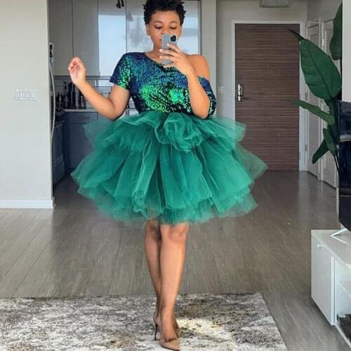 Vestidos Emerald Green 2 Pieces Women Dresses Shiny Sequined Top And Ruffles Tulle Skirts Honeymoon Dress