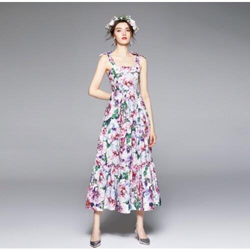 2021 New Designer Summer Sleeveless Tank Dress Women Runway Fashion Spaghetti Strap Backless Flower Print Midi Dresses