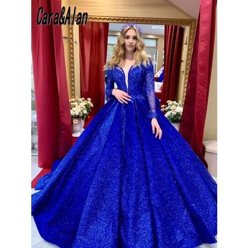 Princess Royal Blue Prom Dresses Sequin A Line Long Sleeves Evening Gowns for Women Party Sheer Neck Applique