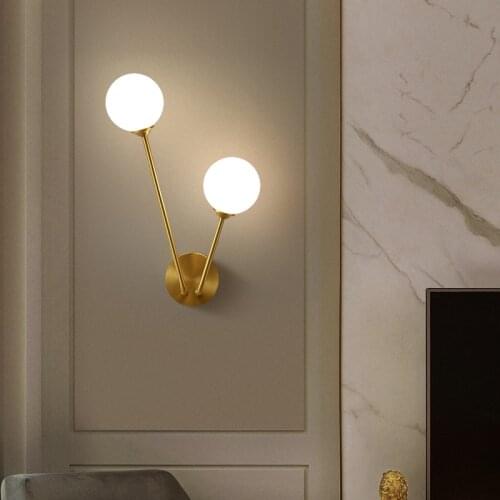 Nordic 2 Heads Golden Wall Lamp Modern Creative Bedroom Bedside Metal Glass Ball Wall Light Aisle Corridor Bracket Light Decor