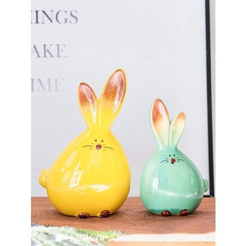 2pcs Cute Ceramic Rabbit Easter Bunny Ornament Garden Animal Statues Cartoons Collection Home Decor Birthday Gifts