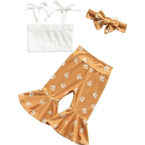 3Pcs Baby Summer Outfits Tied Straps Tank Tops + Floral/Rainbow Flared Trousers + Headband for Toddler Girls, 0-18 Months
