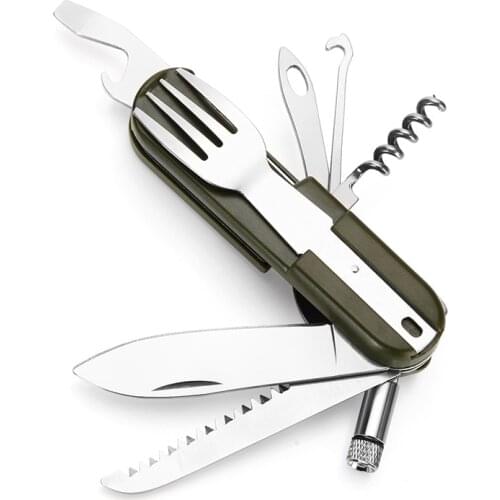 9 in1 LED Light Outdoor Stainless Steel Tableware Folding Fork Spoon Multi tool Corkscrew Camping Hiking Travel Picnic