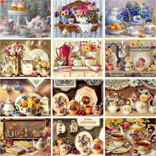 Huacan 5d Diamond Embroidery Cross Stitch Mosaic Tableware Cup Diamond Painting Full Square Flower Kitchen Landscape Wall Decor