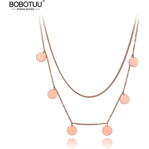 BOBOTUU Trendy Stainless Steel Double Layer Disc Choker Necklaces Jewelry Bohemia Charm Pendant Necklace For Women Girls BN19167