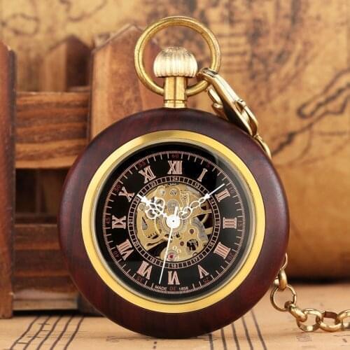 Elegance Red Sandalwood Automatic Mechanical Pocket Watches Rose Golden Roman Numerals Dial Alloy Chain Pendant Clock Men Women