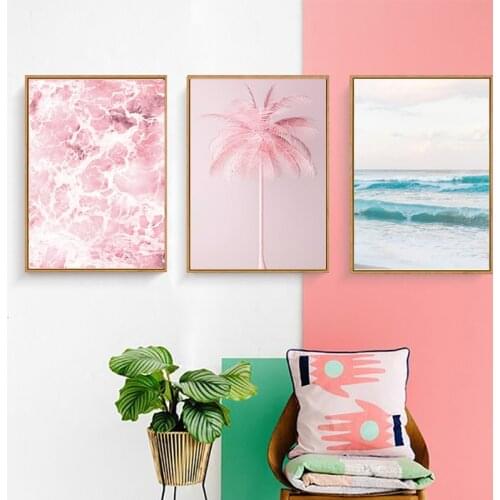 Flower Ocean Nordic Landscape Pink Blossom Print Wall Art Canvas Painting Living Room Decor