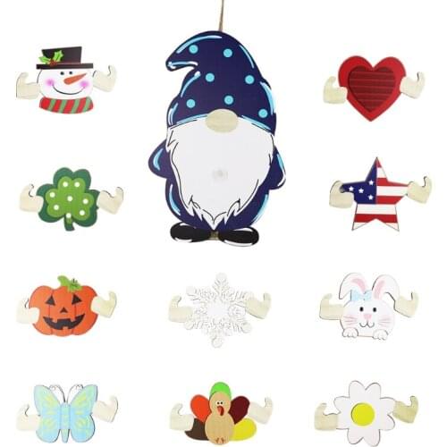 E56C Wooden Gnome Decor Wall Door Hanger Sign with 10pcs Interchangeable Seasonal Icons Ornament for Halloween Christmas Day