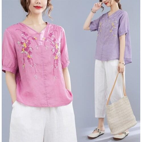 Embroidery V-Neck Casual Loose T-shirt Ladies National Style Summer Short Sleeve Cotton and Linen Vintage Women Irregular Top