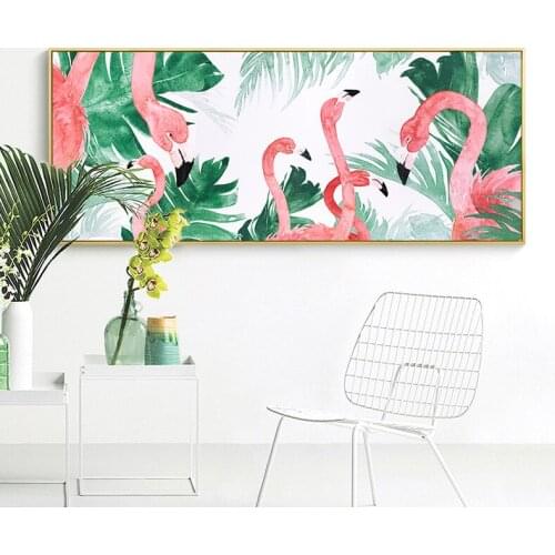 HAOCHU Abstract Pink Flamingo Birds Canvas Art Poster Green Leaves Landscape Long Wall Picture Living Room Sofa Background Mural