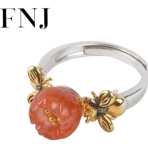FNJ Natural Red Agate Ring 925 Silver New Original S925 Sterling Silver Rings for Women Jewelry Adjustable size Gold Color
