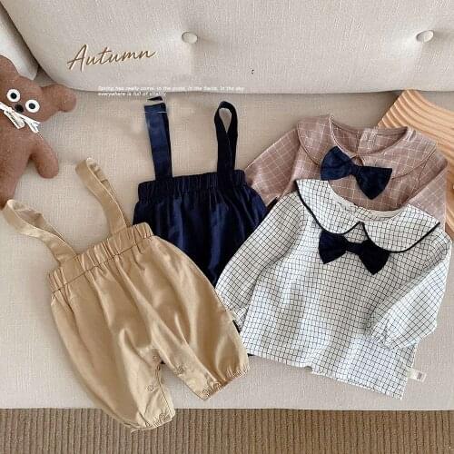 Autumn Boys Male 2PCS Clothes Set Children Kids Baby Gentleman Plaided Tops Shirt+ Overalls Pants Outfits Suits ADK340