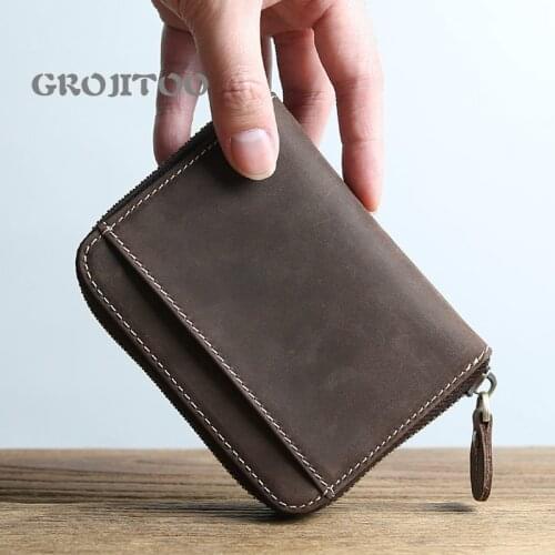 GROJITOO Genuine leather casual zipper wallet short man wallet Crazy Horse leather women purse card holder cion purse