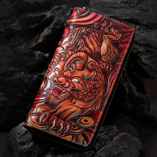 Genuine Leather Wallets Carving Lucky Brave Troops Zipper Bag Purses Men Long Clutch Vegetable Tanned Leather Wallet Gift