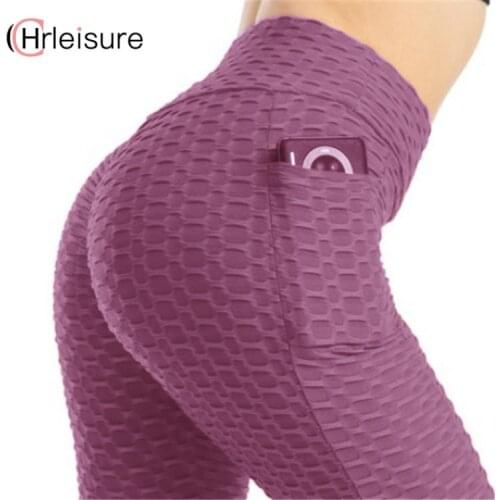 CHRLEISURE Women Sexy Leggings with Pockets Bubble Jacquard High Waist Leggings Slimming Anti Cellulite Sports Fitness Leggings