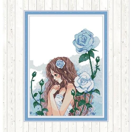 Maiden and Blue Rose Counted Cross-stitch Embroidery Flowers 14CT 11CT Aida Fabric Print on Canvas DMC DIY Needlework Set Crafts