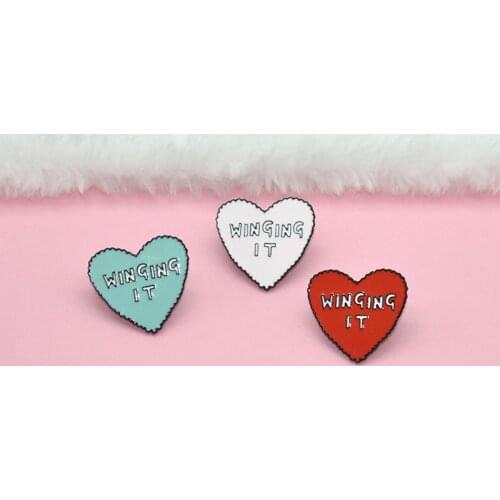 Cartoon 3 color white/red/green love WINGING IT heart-shaped text pin men and women metal badge punk clothes lapel accessories