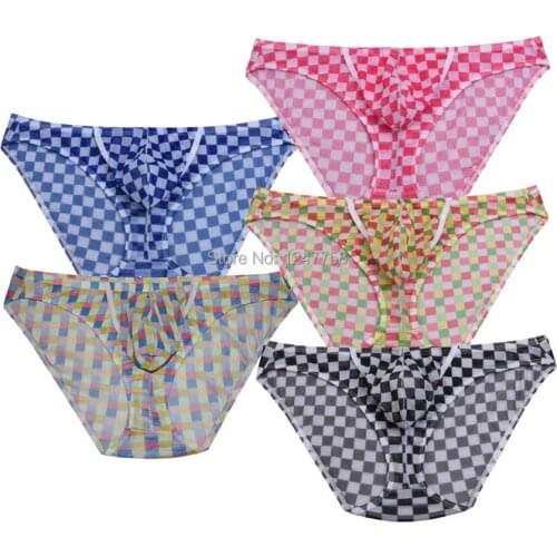 Mens Penis Hole Bulge Pouch Briefs Underwear Mesh Plaid Mini Pants Calzoncillos Men Briefs Breathable Mens Slip Cueca Male Pant