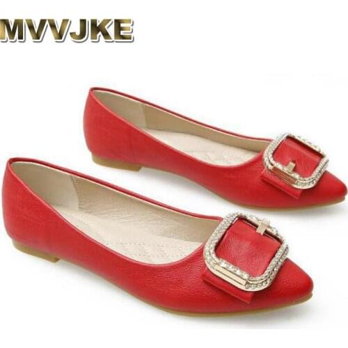 MVVJKE 34~43 Women Plus Size Crystal Flat Shoes Rhinestone Buckle Single Shoes Womens Leather Moccasins Flats Ladies Slip On