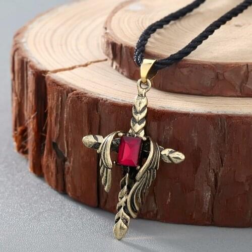 Cxwind Wing Necklaces Punk Style Red Cubic Zirconia Inlay Dragon Cross Pendant Necklace for Men Viking Charm Rope Choker Jewelry