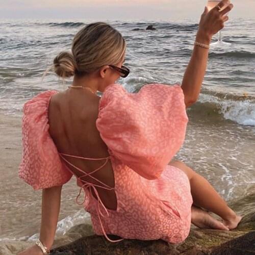 Summer jacquard puff sleeve sexy low-cut open back lace-up high-waist A-line dress beach holiday style short dress sexy dress