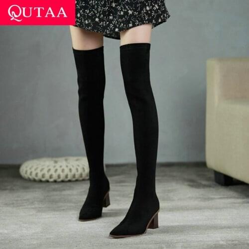 QUTAA 2022 Women Over The Knee High Boots Slip on Winter Shoes Square High Heel Pointed Toe Slip On Women Boots Size 34-43