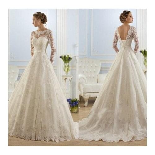 Luxury Full Sleeve Wedding Dress With Court Train 2021 Classic Lace A-line Princess Wedding Dresses With Belt Robe De Mariee