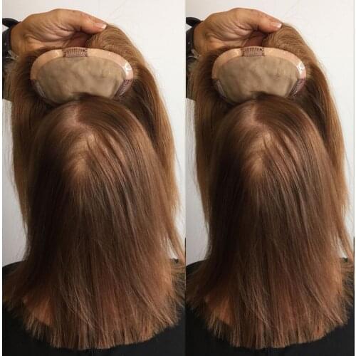 Chocolate 8-20" Women Toupee Natural Brown Straight Chinese Remy Hair Clip in Topper Wig 120% Density Mono Top Hair Pieces