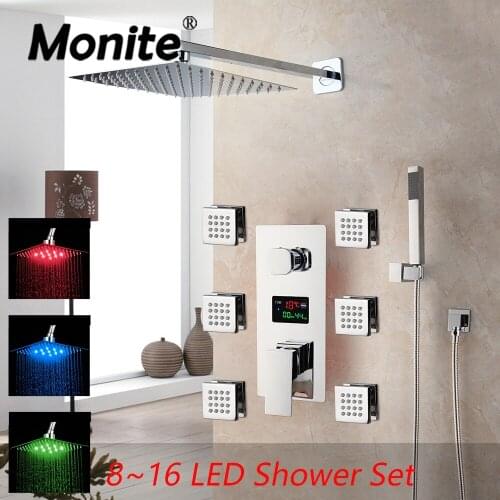 Monite 8~16 Inch LED Bathroom Shower Set Faucet Square Chrome Brass Message Jets Digital Display Rainfall Kit Hand Shower Set