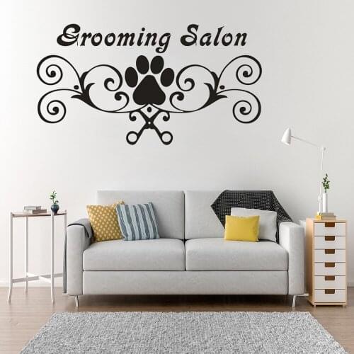 Grooming Salon Sign Wall Decals Dog Paw Print Vinyl Poster Pet Shops Decor Pets Grooming Scissor Wall Art Sticker Pet Shop