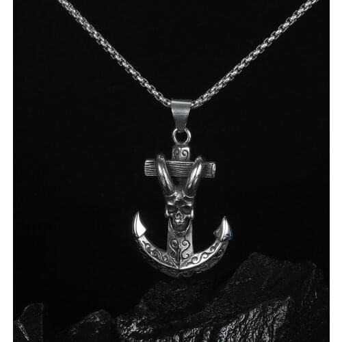Vintage 316L Stainless Steel Necklace Gothic Anchor Shofar Devil Skull Necklace for Men Women Chain Biker Jewelry Party Necklace