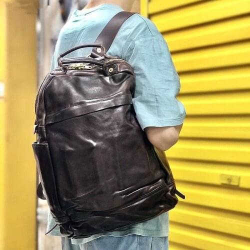 Large capacity retro cowhide Men backpack handmade leather backpack mens heavy industry old vegetable tanned leather mens bag
