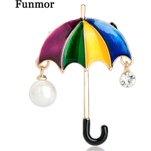 Funmor Enamel Rainbow Umbrella Shape Brooches Simulated Pearl Crystal Harajuku Women Kids Brooch Corsage Hijab Pins Jewelry