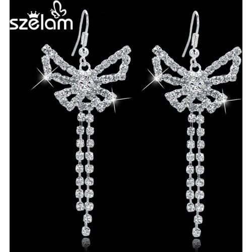 MELIHE Crystal Bowknot Tassel Earring For Women 2016 Silver Plated Bridal Wedding Jewelry Long Dangle Earring SER150122
