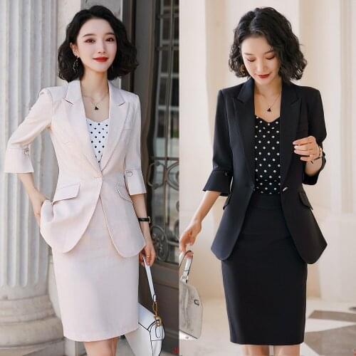New 2020 Female Apricot Blazer for Women Bsiness Suits with Skirt and Jacket Sets Work Wear Half Sleeve